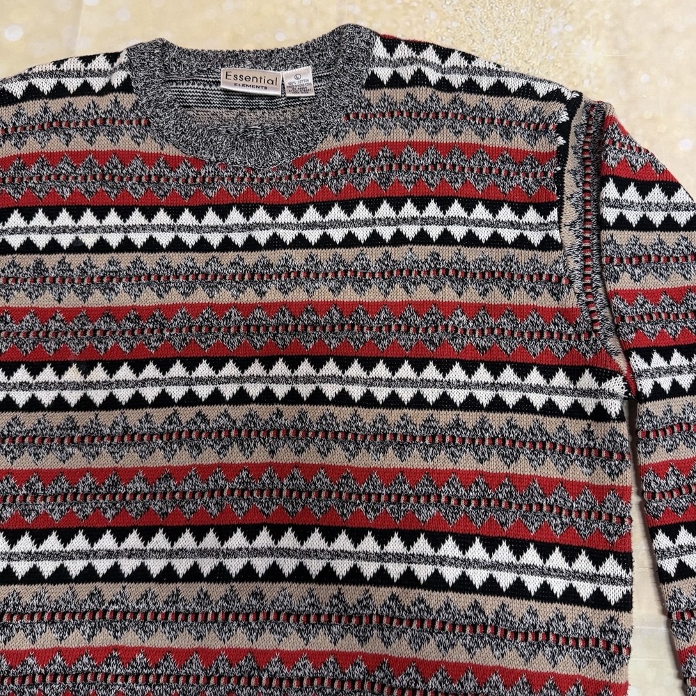Vintage 100% Cotton Striped Sweater Sz Large Essential Elements Brand Geometric - Picture 1 of 7